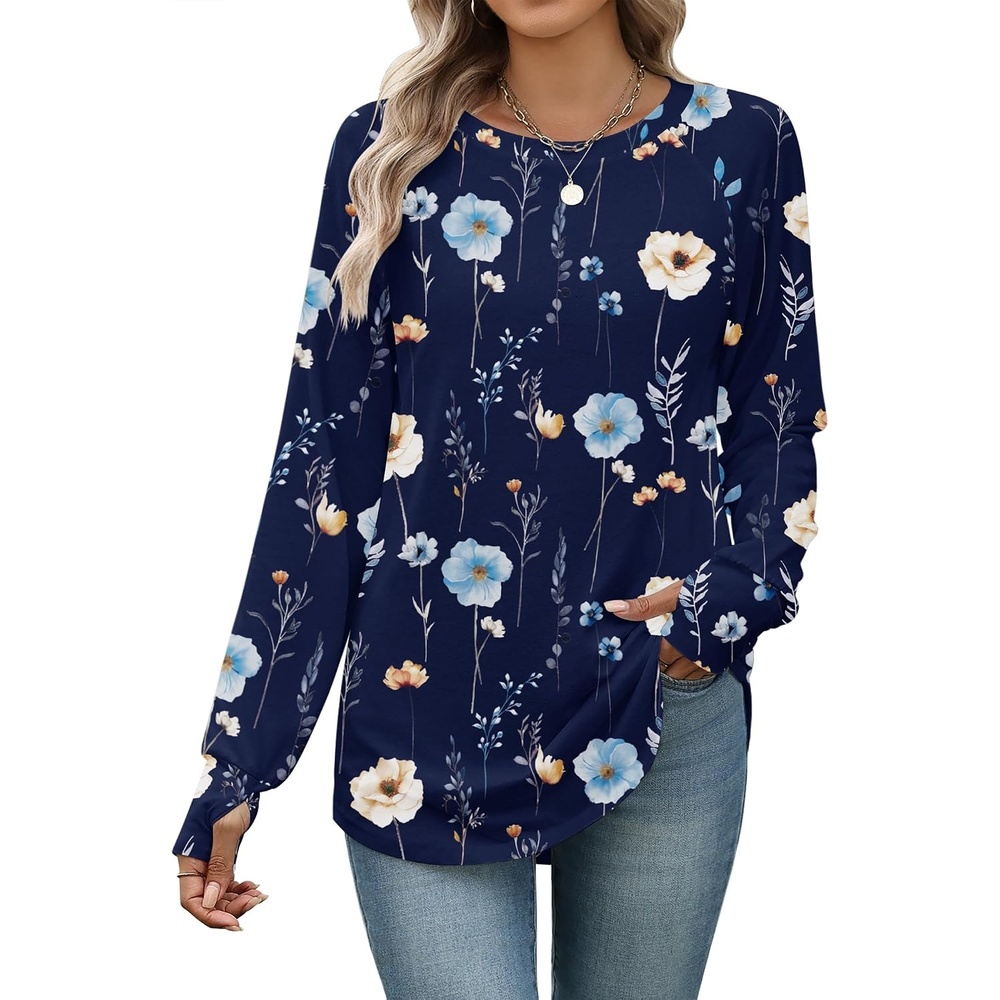image:imageZeagoo Womens Casual Long Sleeve Shirts Crew Neck Round Loose Tunic TopsNavy Floral
