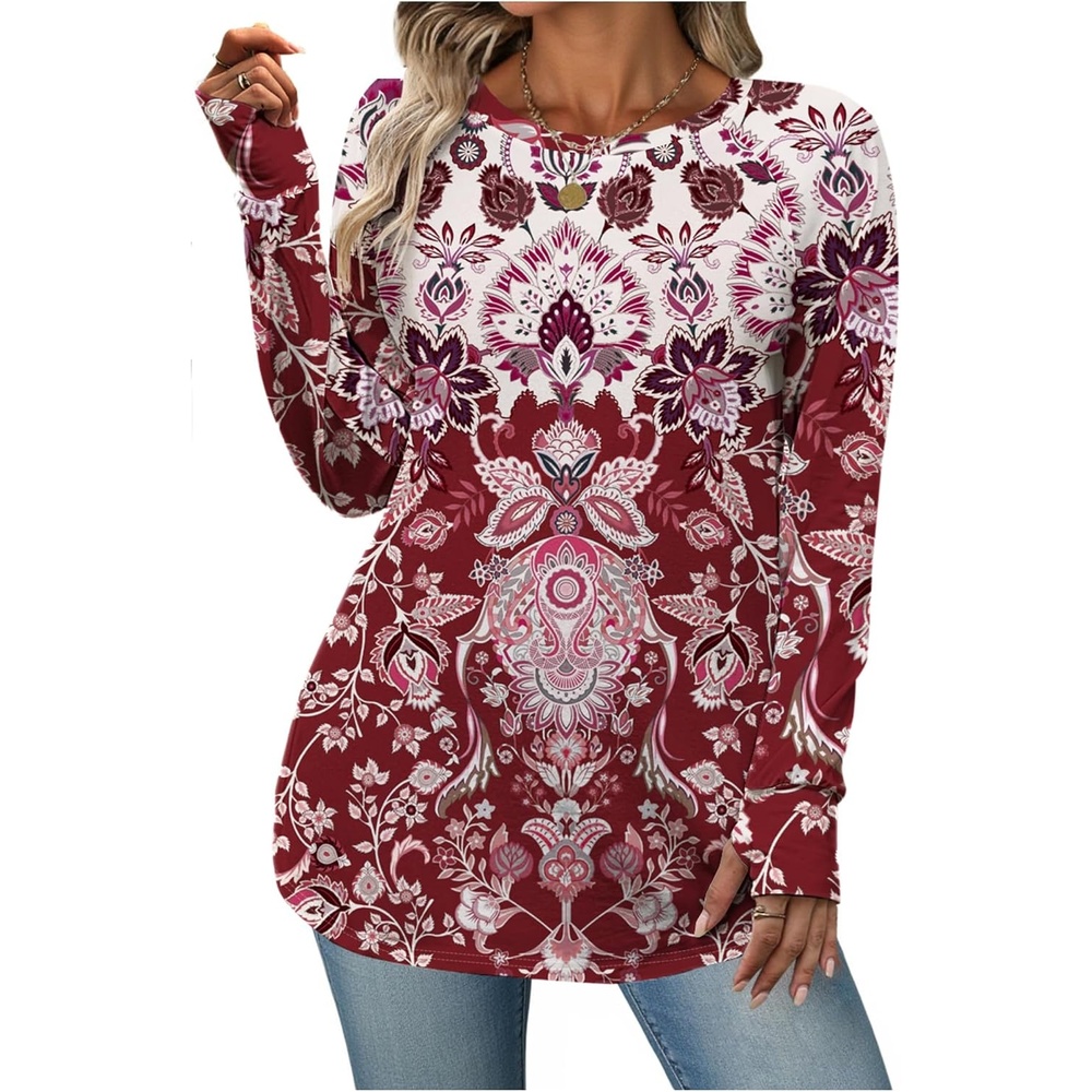 image:imageZeagoo Womens Casual Long Sleeve Shirts Crew Neck Round Loose Tunic TopsRed Print