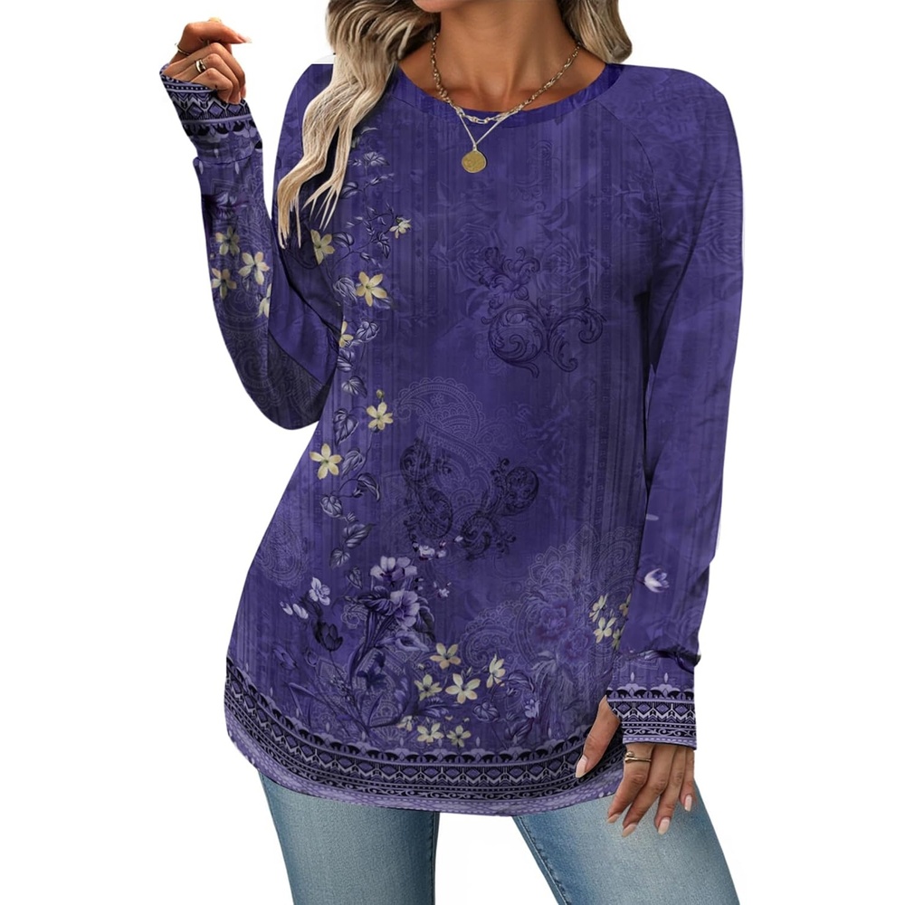 image:imageZeagoo Womens Casual Long Sleeve Shirts Crew Neck Round Loose Tunic TopsViolet Print