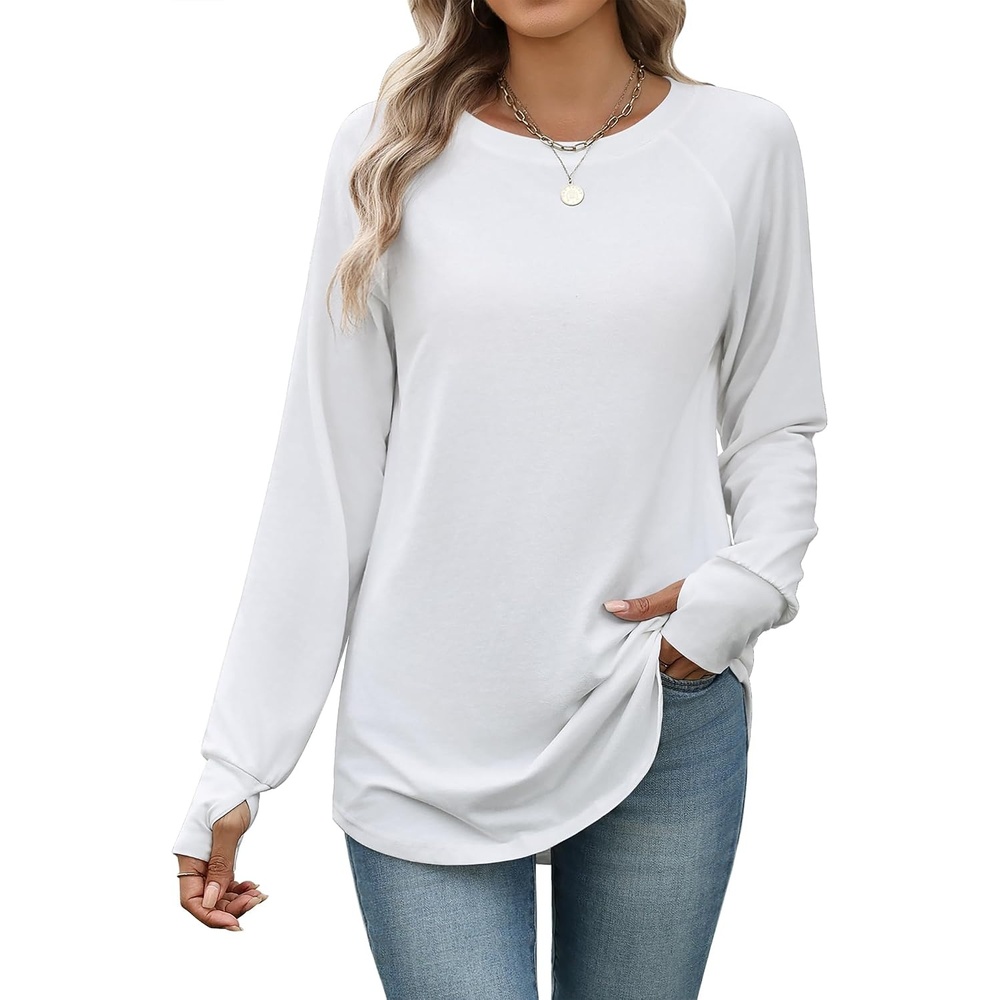 image:imageZeagoo Womens Casual Long Sleeve Shirts Crew Neck Round Loose Tunic TopsWhite