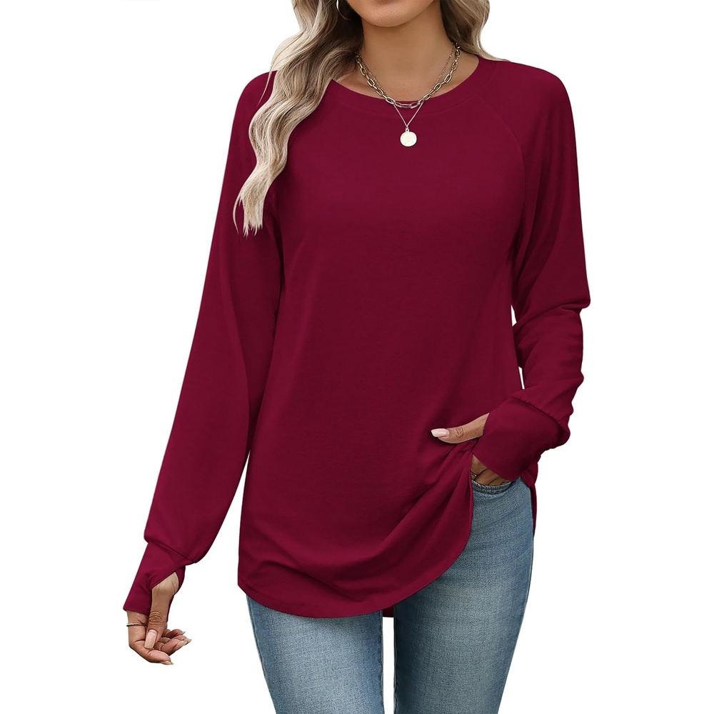 image:imageZeagoo Womens Casual Long Sleeve Shirts Crew Neck Round Loose Tunic TopsWine Red