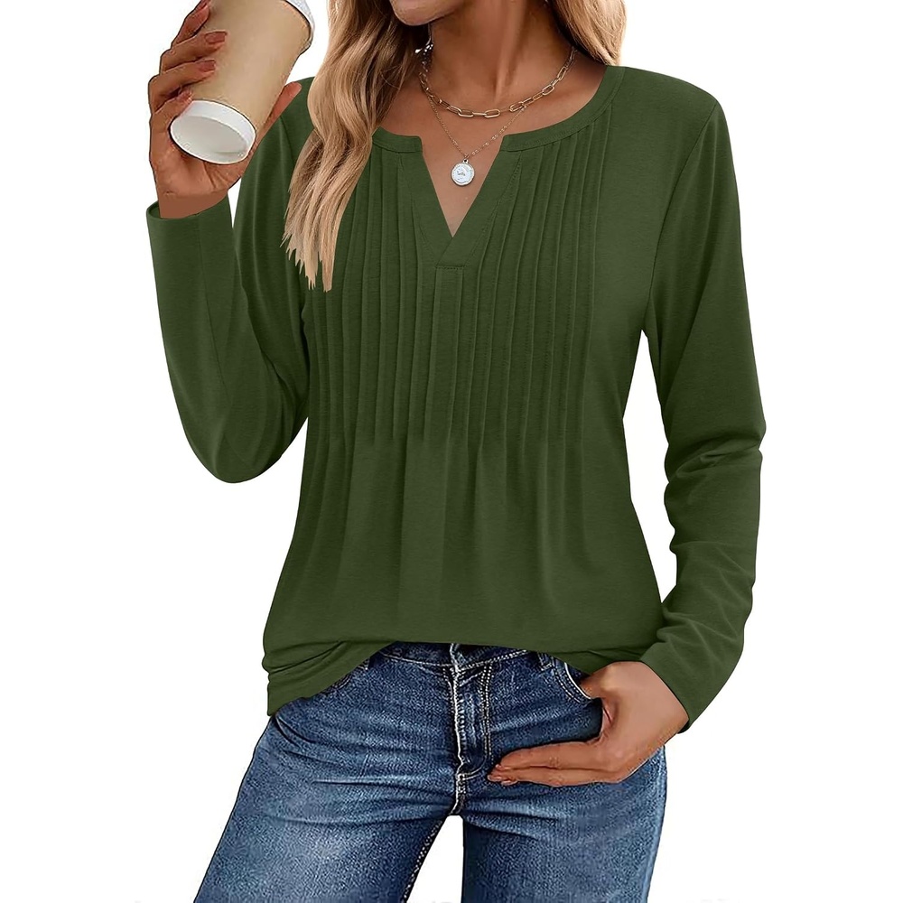image:imageZeagoo Womens Long Sleeve Tops 2026 V Neck Pleated Shirts Dressy Casual Tunic Blouses Loose Fit Fall Fashion ClothesArmy Green