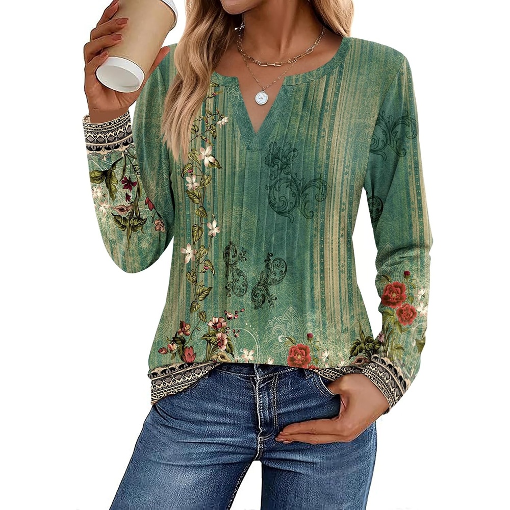 image:imageZeagoo Womens Long Sleeve Tops 2026 V Neck Pleated Shirts Dressy Casual Tunic Blouses Loose Fit Fall Fashion ClothesBbgreenprinted