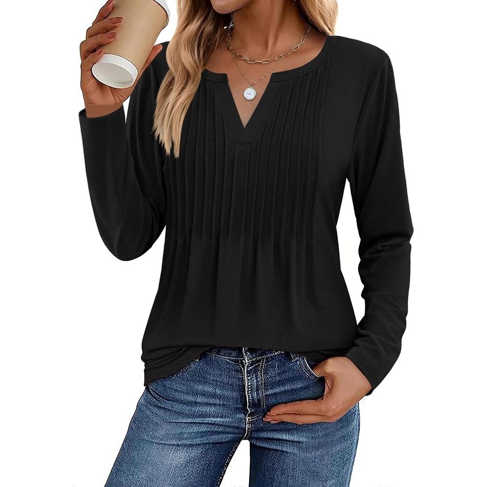 image:imageZeagoo Womens Long Sleeve Tops 2026 V Neck Pleated Shirts Dressy Casual Tunic Blouses Loose Fit Fall Fashion ClothesBlack