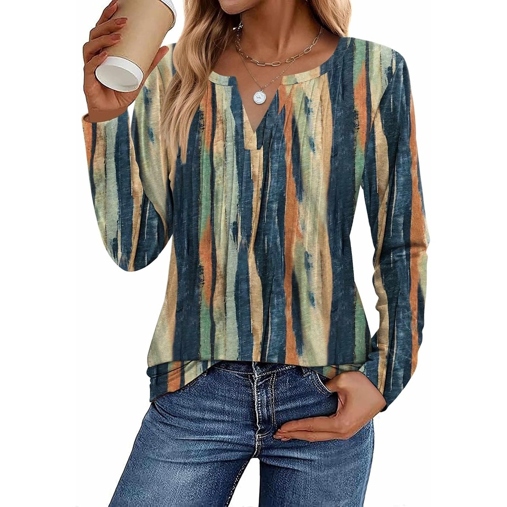 image:imageZeagoo Womens Long Sleeve Tops 2026 V Neck Pleated Shirts Dressy Casual Tunic Blouses Loose Fit Fall Fashion ClothesCx289