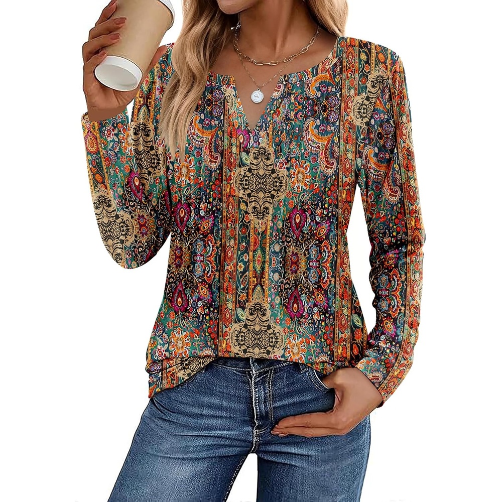 image:imageZeagoo Womens Long Sleeve Tops 2026 V Neck Pleated Shirts Dressy Casual Tunic Blouses Loose Fit Fall Fashion ClothesMz721