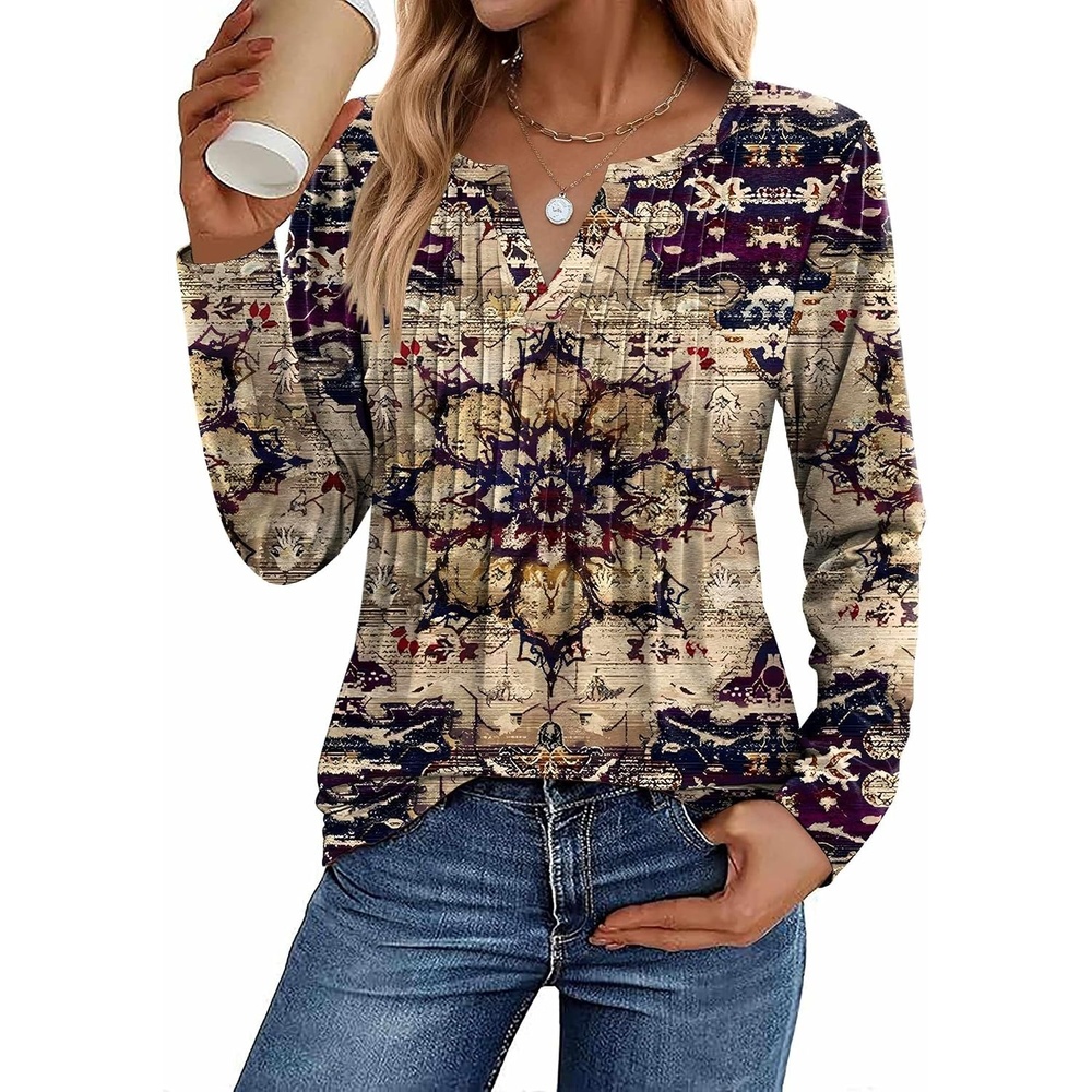 image:imageZeagoo Womens Long Sleeve Tops 2026 V Neck Pleated Shirts Dressy Casual Tunic Blouses Loose Fit Fall Fashion ClothesMz857