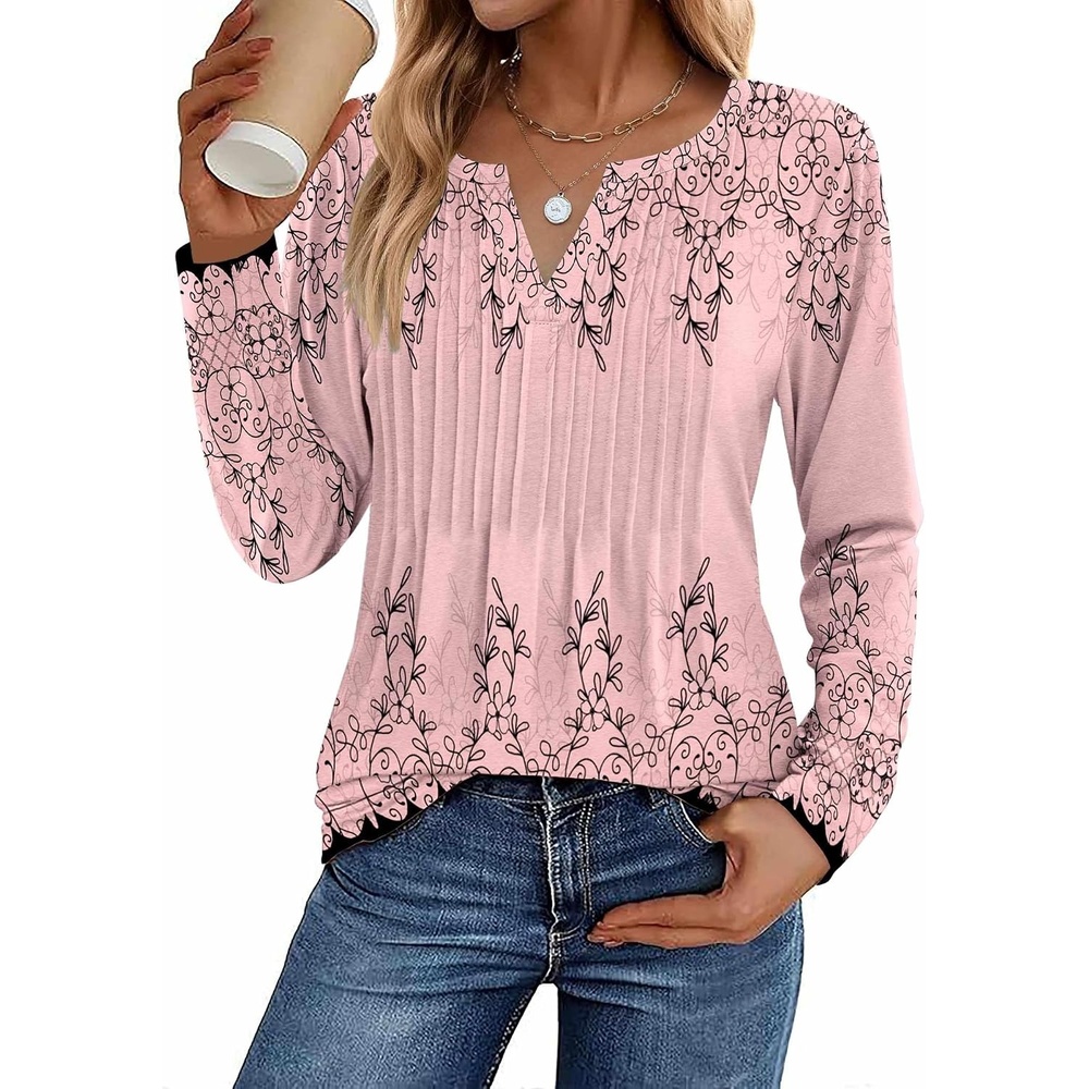 image:imageZeagoo Womens Long Sleeve Tops 2026 V Neck Pleated Shirts Dressy Casual Tunic Blouses Loose Fit Fall Fashion ClothesSf190