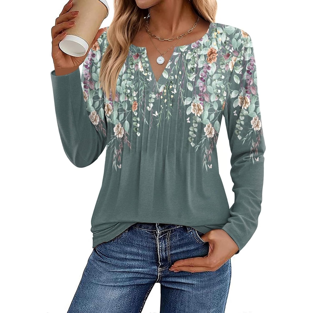 image:imageZeagoo Womens Long Sleeve Tops 2026 V Neck Pleated Shirts Dressy Casual Tunic Blouses Loose Fit Fall Fashion ClothesWf71