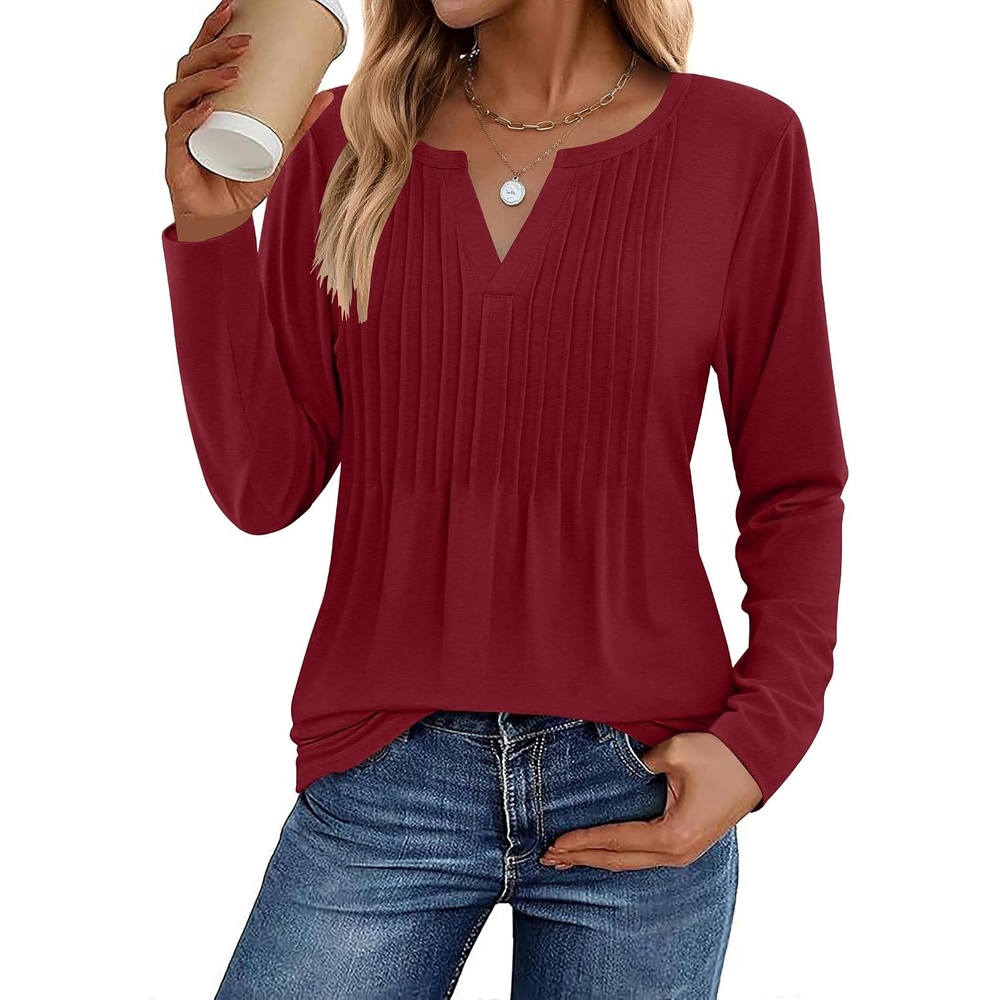 image:imageZeagoo Womens Long Sleeve Tops 2026 V Neck Pleated Shirts Dressy Casual Tunic Blouses Loose Fit Fall Fashion ClothesWine Red