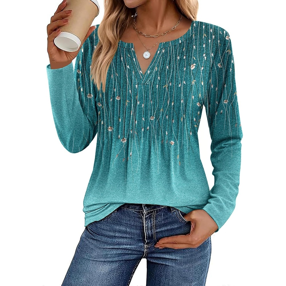 image:imageZeagoo Womens Long Sleeve Tops 2026 V Neck Pleated Shirts Dressy Casual Tunic Blouses Loose Fit Fall Fashion ClothesXh363