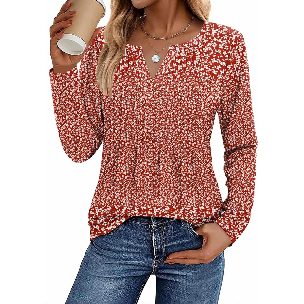 image:imageZeagoo Womens Long Sleeve Tops 2026 V Neck Pleated Shirts Dressy Casual Tunic Blouses Loose Fit Fall Fashion ClothesXh518