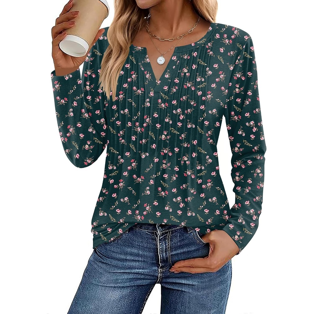 image:imageZeagoo Womens Long Sleeve Tops 2026 V Neck Pleated Shirts Dressy Casual Tunic Blouses Loose Fit Fall Fashion ClothesXh522