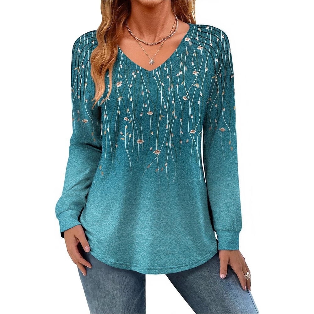 image:imageZeagoo Womens Long Sleeve Tops V Neck Pleated Shirts Dressy Casual Blouses Fall Fashion Tunic Clothes 2026 TShirts01bluegreen