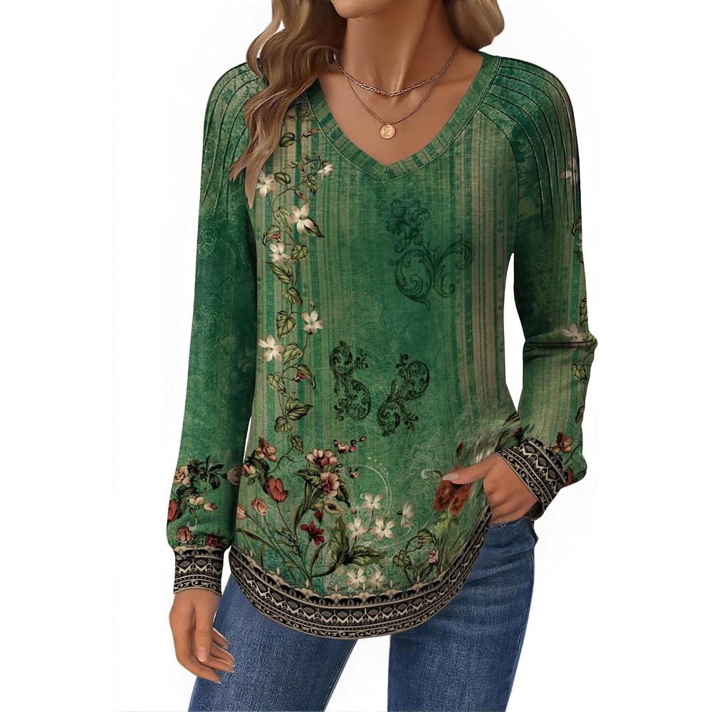 image:imageZeagoo Womens Long Sleeve Tops V Neck Pleated Shirts Dressy Casual Blouses Fall Fashion Tunic Clothes 2026 TShirts01green Floral
