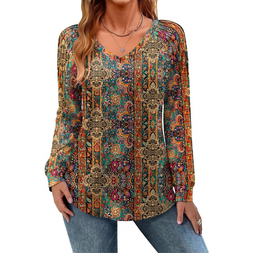 image:imageZeagoo Womens Long Sleeve Tops V Neck Pleated Shirts Dressy Casual Blouses Fall Fashion Tunic Clothes 2026 TShirts01vintage Floral