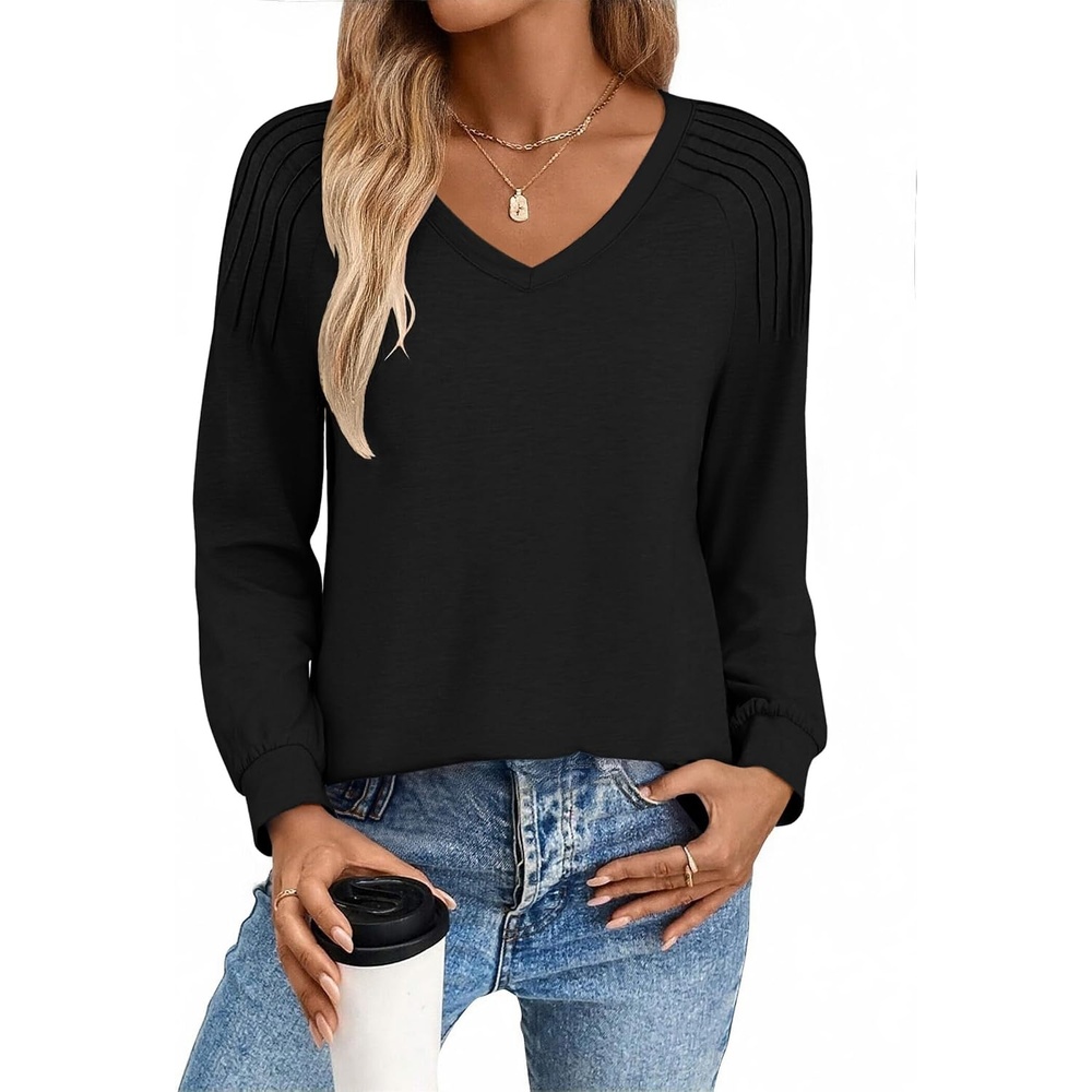 image:imageZeagoo Womens Long Sleeve Tops V Neck Pleated Shirts Dressy Casual Blouses Fall Fashion Tunic Clothes 2026 TShirtsBlack