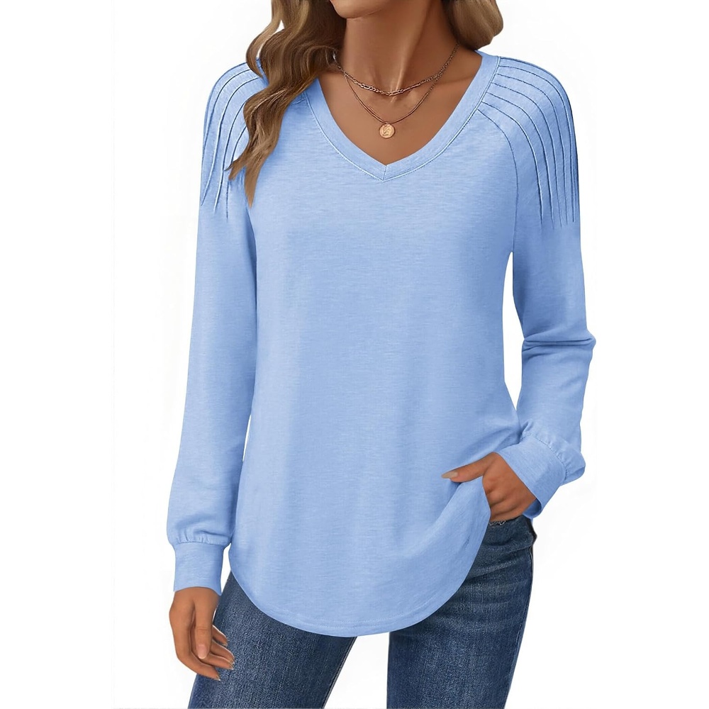image:imageZeagoo Womens Long Sleeve Tops V Neck Pleated Shirts Dressy Casual Blouses Fall Fashion Tunic Clothes 2026 TShirtsBlue