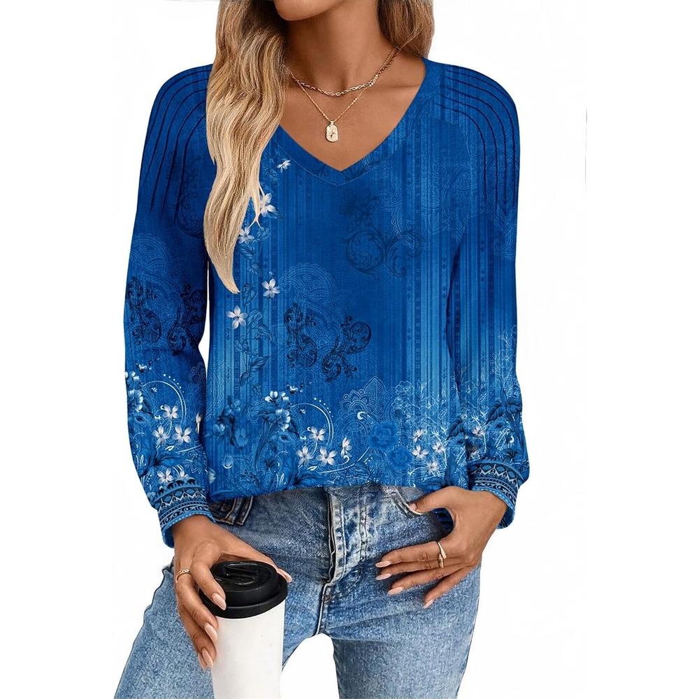 image:imageZeagoo Womens Long Sleeve Tops V Neck Pleated Shirts Dressy Casual Blouses Fall Fashion Tunic Clothes 2026 TShirtsBlue Floral