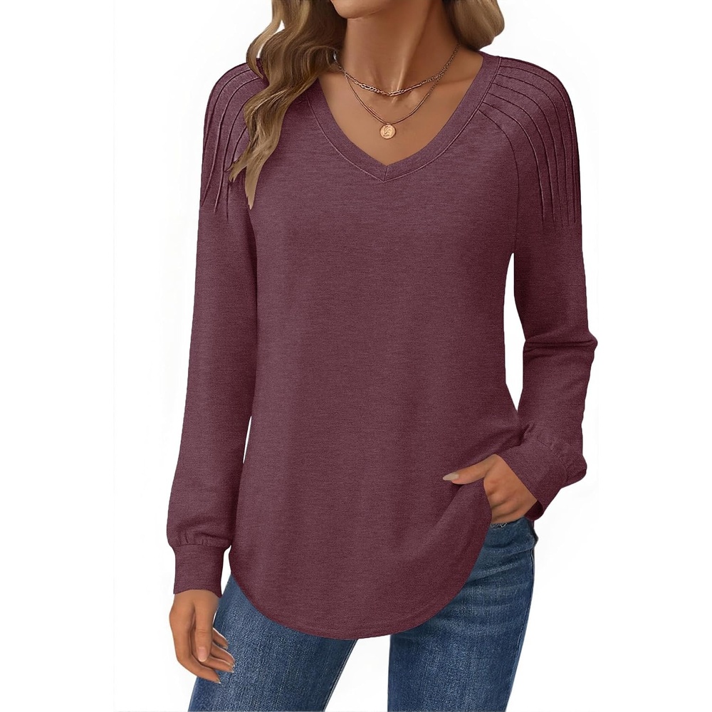 image:imageZeagoo Womens Long Sleeve Tops V Neck Pleated Shirts Dressy Casual Blouses Fall Fashion Tunic Clothes 2026 TShirtsDeep Red