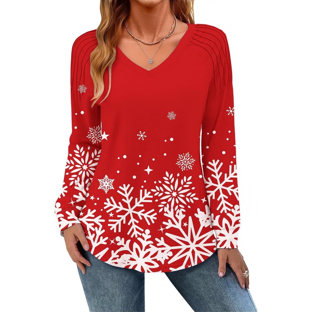 image:imageZeagoo Womens Long Sleeve Tops V Neck Pleated Shirts Dressy Casual Blouses Fall Fashion Tunic Clothes 2026 TShirtsFloral Christmas 3