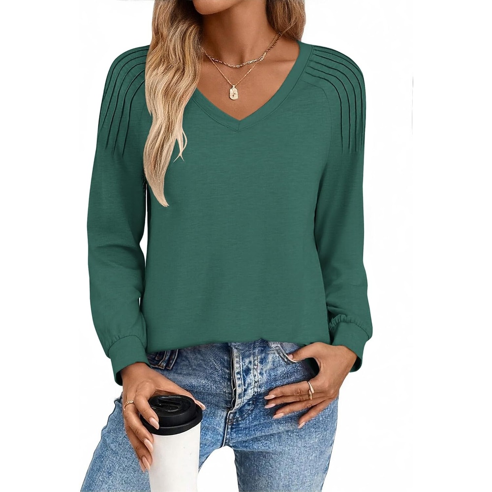 image:imageZeagoo Womens Long Sleeve Tops V Neck Pleated Shirts Dressy Casual Blouses Fall Fashion Tunic Clothes 2026 TShirtsGreen