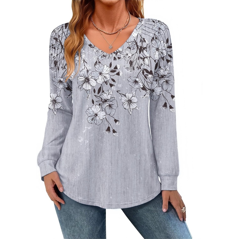 image:imageZeagoo Womens Long Sleeve Tops V Neck Pleated Shirts Dressy Casual Blouses Fall Fashion Tunic Clothes 2026 TShirtsGrey1