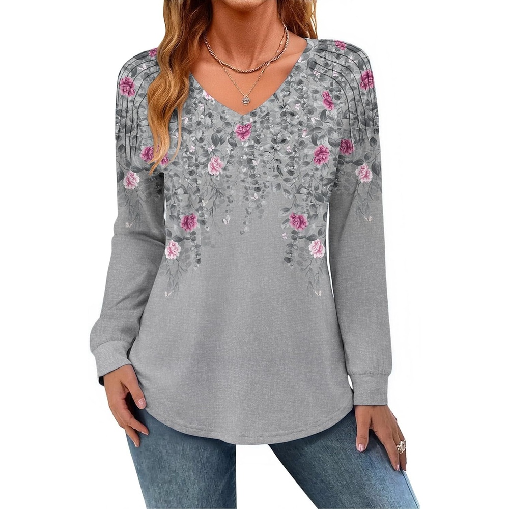 image:imageZeagoo Womens Long Sleeve Tops V Neck Pleated Shirts Dressy Casual Blouses Fall Fashion Tunic Clothes 2026 TShirtsGrey2