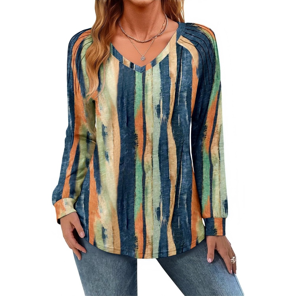 image:imageZeagoo Womens Long Sleeve Tops V Neck Pleated Shirts Dressy Casual Blouses Fall Fashion Tunic Clothes 2026 TShirtsMulti Floral