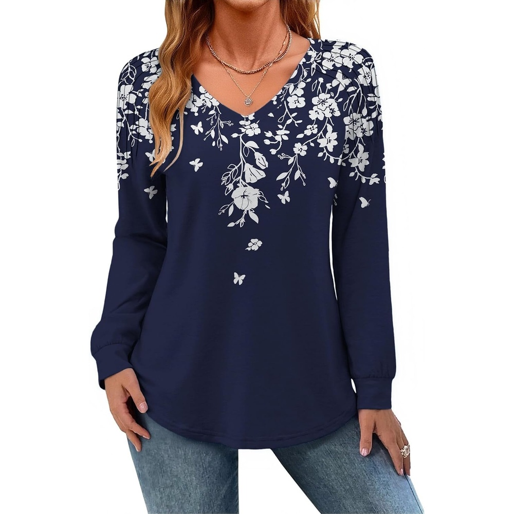 image:imageZeagoo Womens Long Sleeve Tops V Neck Pleated Shirts Dressy Casual Blouses Fall Fashion Tunic Clothes 2026 TShirtsNavy Floral