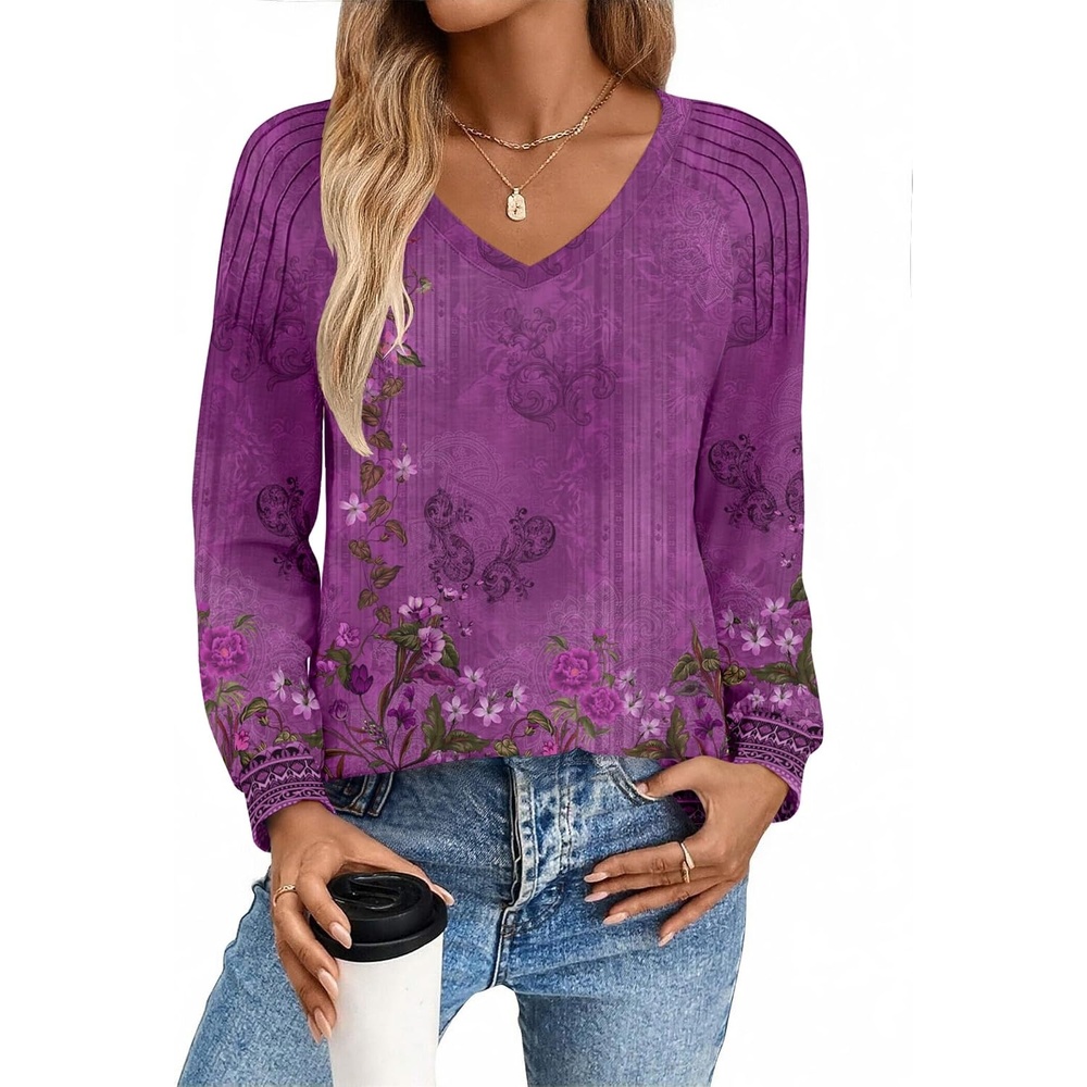 image:imageZeagoo Womens Long Sleeve Tops V Neck Pleated Shirts Dressy Casual Blouses Fall Fashion Tunic Clothes 2026 TShirtsPurple Floral 1
