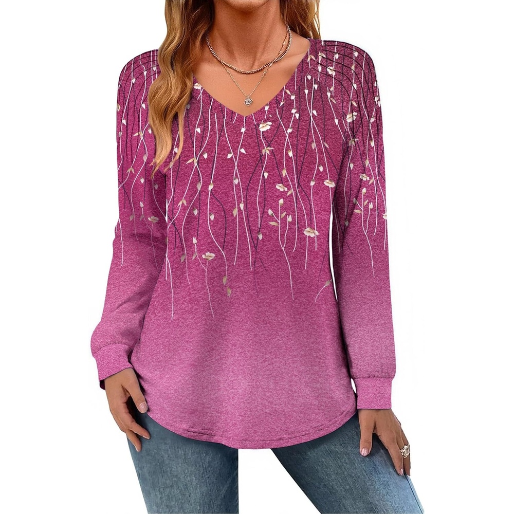 image:imageZeagoo Womens Long Sleeve Tops V Neck Pleated Shirts Dressy Casual Blouses Fall Fashion Tunic Clothes 2026 TShirtsPurple Floral 2
