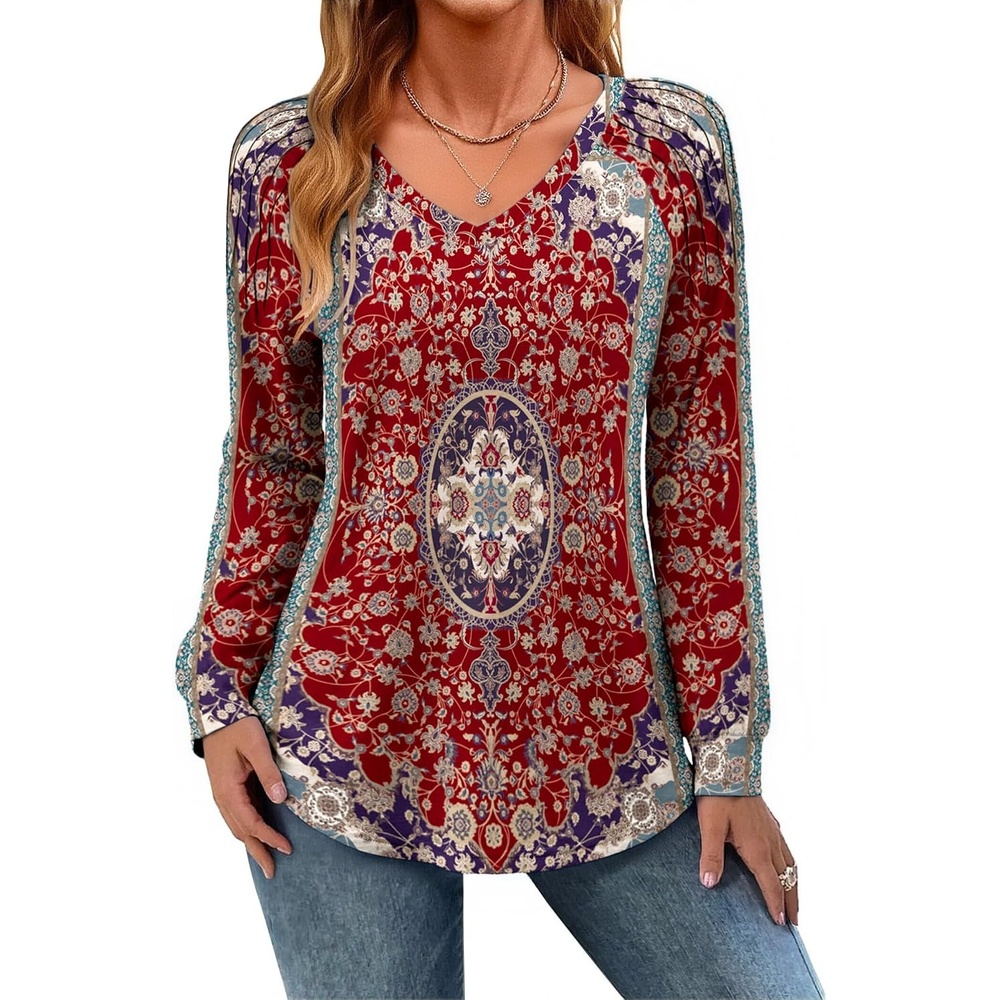 image:imageZeagoo Womens Long Sleeve Tops V Neck Pleated Shirts Dressy Casual Blouses Fall Fashion Tunic Clothes 2026 TShirtsRed Floral