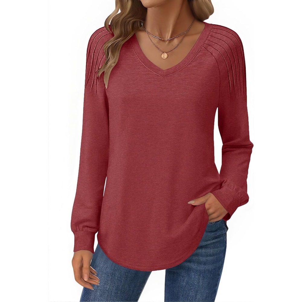 image:imageZeagoo Womens Long Sleeve Tops V Neck Pleated Shirts Dressy Casual Blouses Fall Fashion Tunic Clothes 2026 TShirtsWine Red