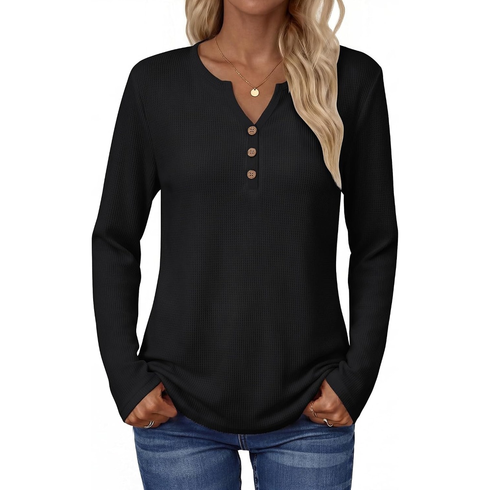 image:imageZeagoo Womens Long Sleeve Waffle Knit Shirts Dressy Casual Loose Button Up V Neck Tops 2026 Fall Basic Tee BlouseBlack