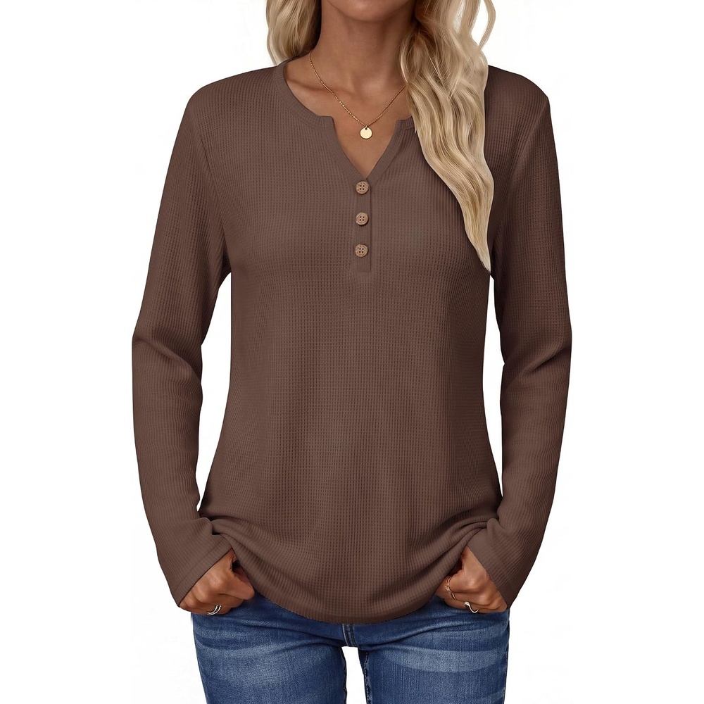 image:imageZeagoo Womens Long Sleeve Waffle Knit Shirts Dressy Casual Loose Button Up V Neck Tops 2026 Fall Basic Tee BlouseBrown