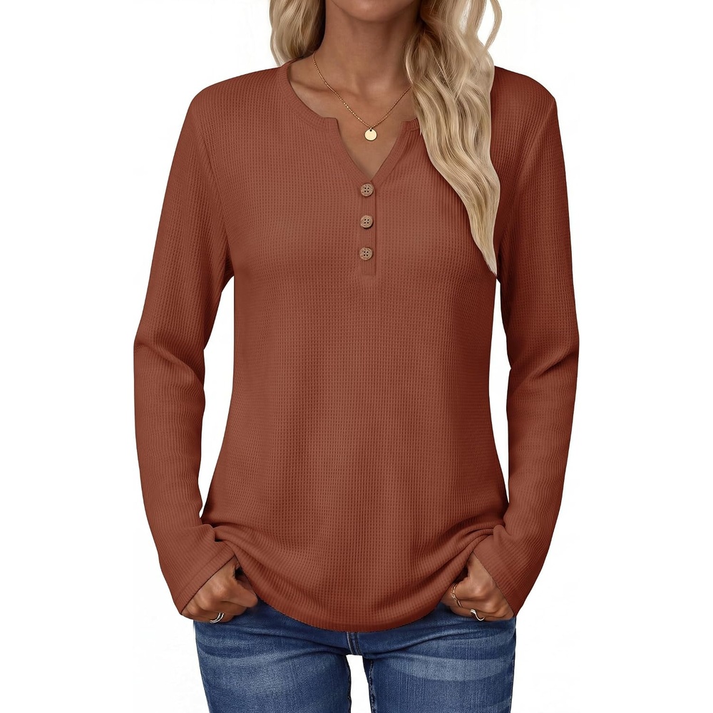 image:imageZeagoo Womens Long Sleeve Waffle Knit Shirts Dressy Casual Loose Button Up V Neck Tops 2026 Fall Basic Tee BlouseCaramel