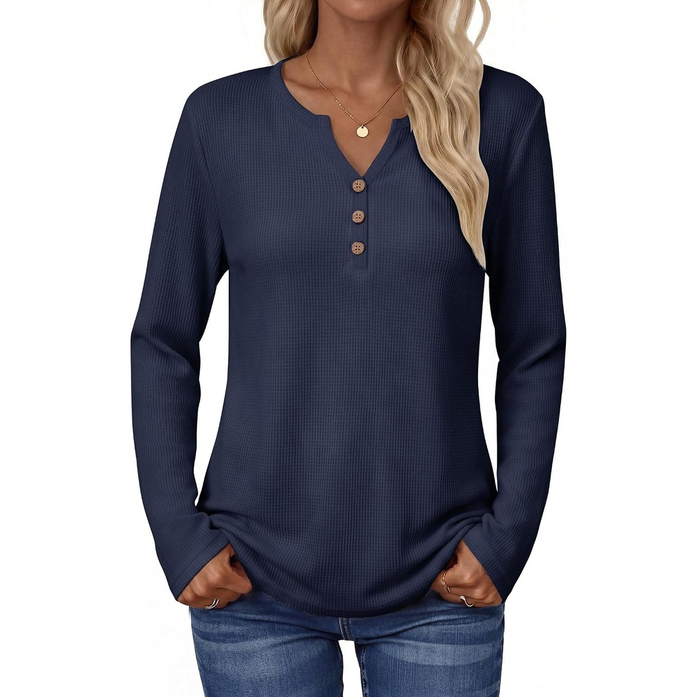 image:imageZeagoo Womens Long Sleeve Waffle Knit Shirts Dressy Casual Loose Button Up V Neck Tops 2026 Fall Basic Tee BlouseDark Blue