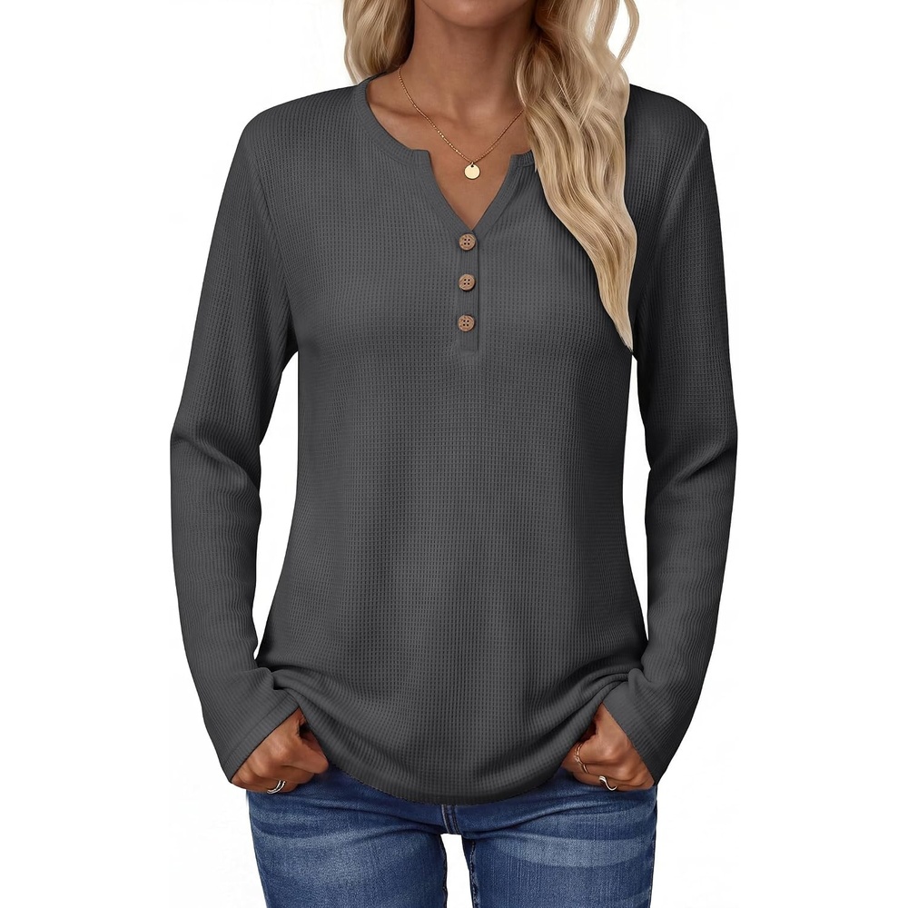 image:imageZeagoo Womens Long Sleeve Waffle Knit Shirts Dressy Casual Loose Button Up V Neck Tops 2026 Fall Basic Tee BlouseDark Grey
