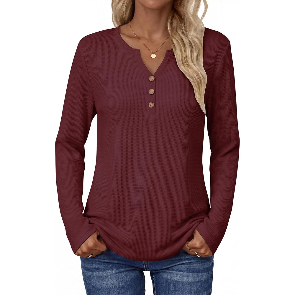 image:imageZeagoo Womens Long Sleeve Waffle Knit Shirts Dressy Casual Loose Button Up V Neck Tops 2026 Fall Basic Tee BlouseDark Red