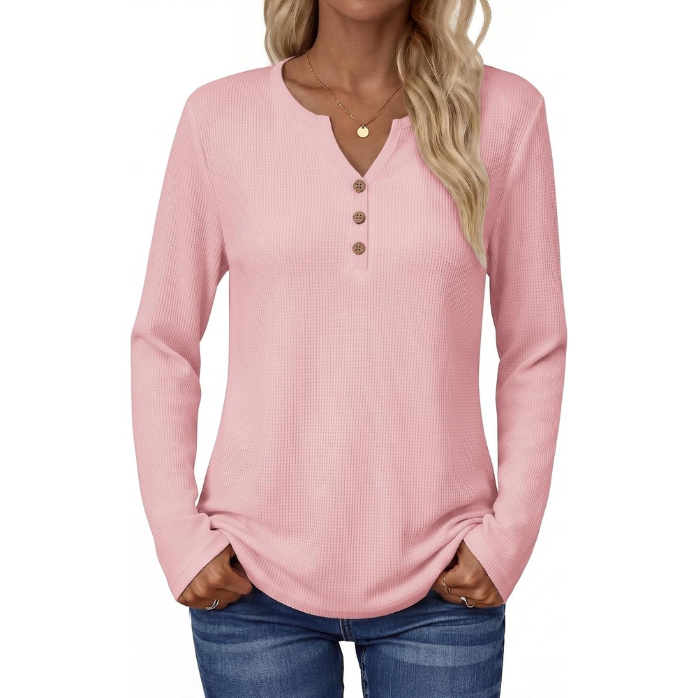 image:imageZeagoo Womens Long Sleeve Waffle Knit Shirts Dressy Casual Loose Button Up V Neck Tops 2026 Fall Basic Tee BlouseLight Pink
