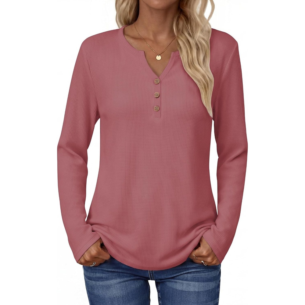 image:imageZeagoo Womens Long Sleeve Waffle Knit Shirts Dressy Casual Loose Button Up V Neck Tops 2026 Fall Basic Tee BlouseMauve