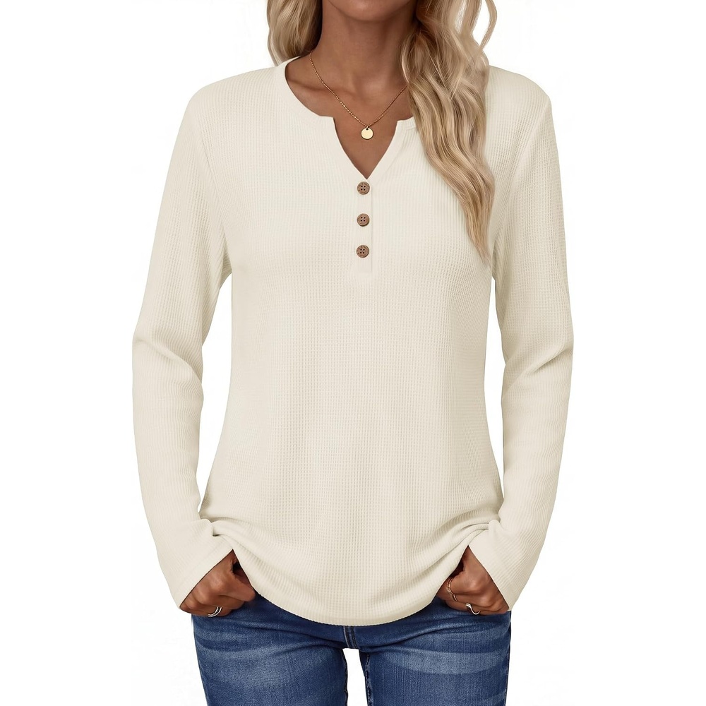 image:imageZeagoo Womens Long Sleeve Waffle Knit Shirts Dressy Casual Loose Button Up V Neck Tops 2026 Fall Basic Tee BlouseParchment