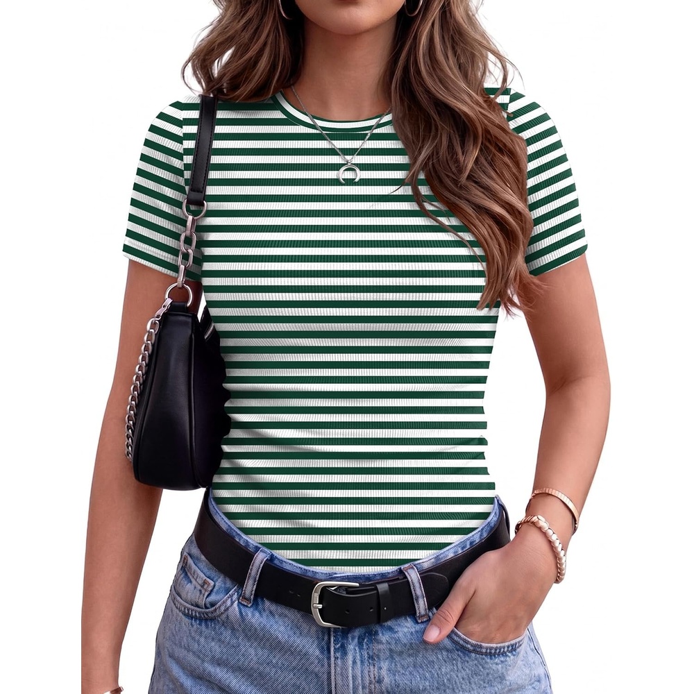 image:imageZeagoo Womens Ribbed Short Sleeve Tops Crewneck Stretch Basic Tshirt S2XLGreen Stripe