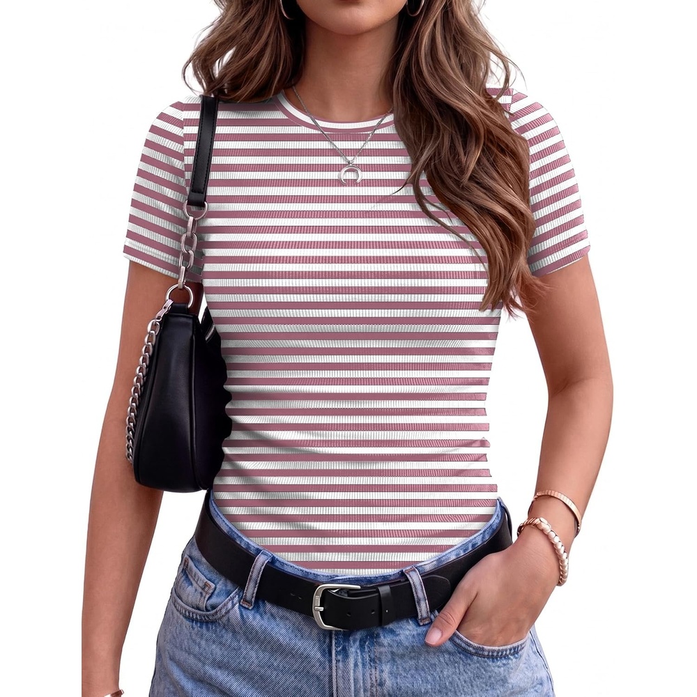 image:imageZeagoo Womens Ribbed Short Sleeve Tops Crewneck Stretch Basic Tshirt S2XLPink Stripe