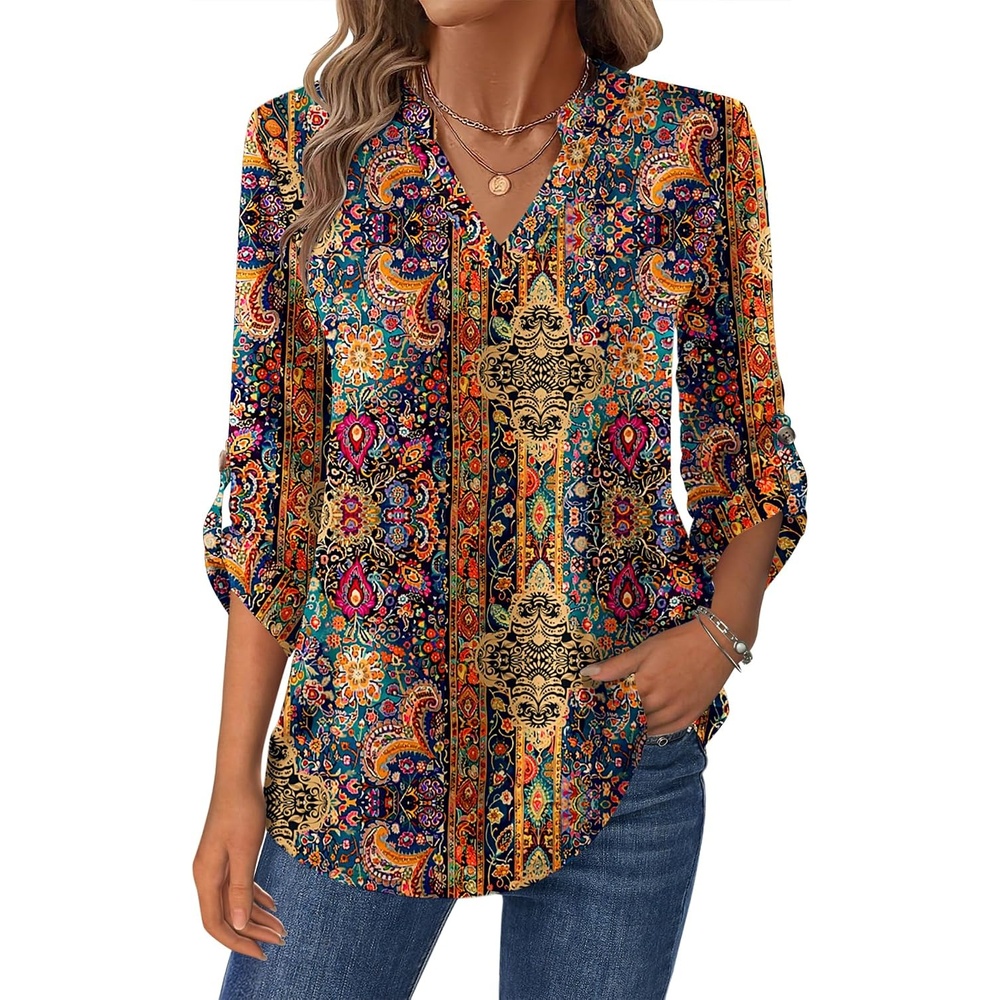 image:imageZeagoo Womens Roll Up Long Sleeve Tops V Neck Shirts Dressy Casual Work Blouses S2XLMz721