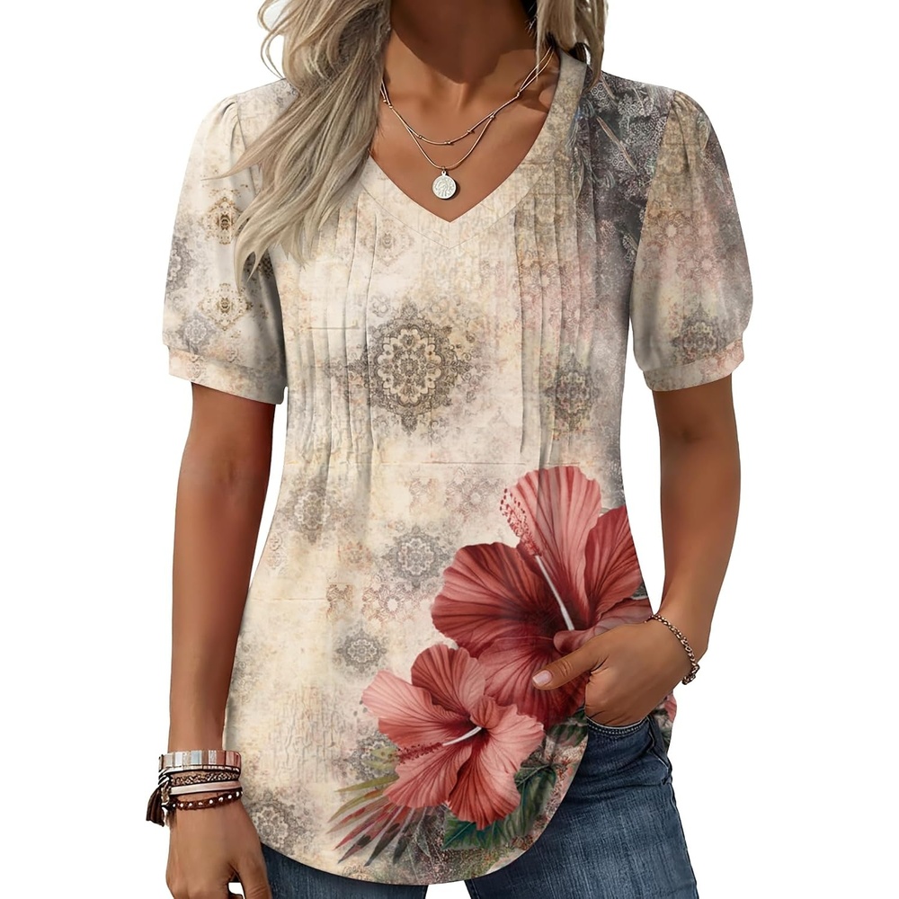 image:imageZeagoo Womens Summer Tops 2026 Puff Short Sleeve Shirts V Neck Tunic blouseApa275