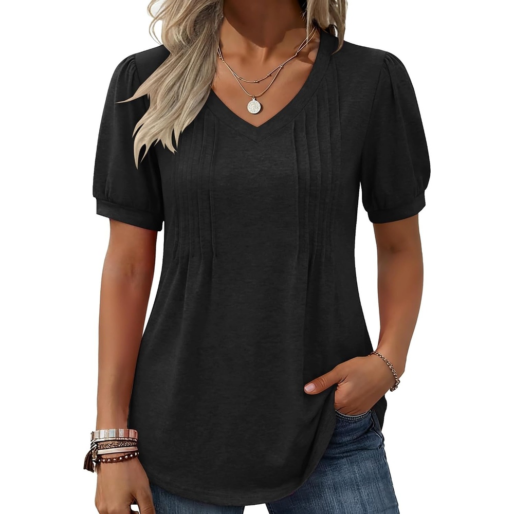 image:imageZeagoo Womens Summer Tops 2026 Puff Short Sleeve Shirts V Neck Tunic blouseBlack