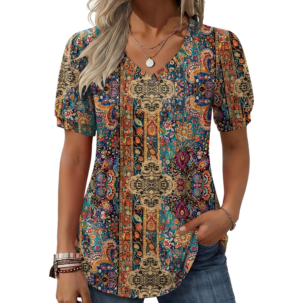 image:imageZeagoo Womens Summer Tops 2026 Puff Short Sleeve Shirts V Neck Tunic blouseMulti Floral Mz721