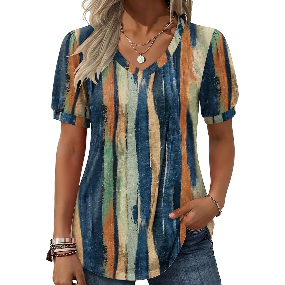 image:imageZeagoo Womens Summer Tops 2026 Puff Short Sleeve Shirts V Neck Tunic blouseMulticolor 289